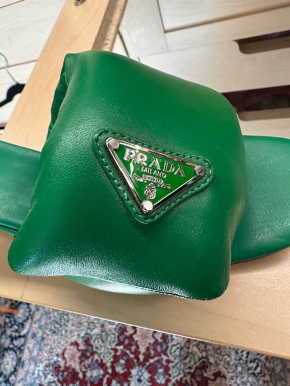 Prada Green Enameled Metal Triangle Leather Size 37 Slides - Picture 5 of 6